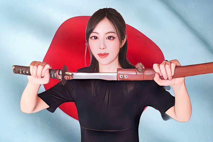 Portrait of Kotoe Hashimoto: Kotoe Hashimoto unsheathing her Japanese sword